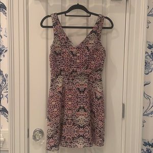 Pink, yellow, & navy patterned v neck dress